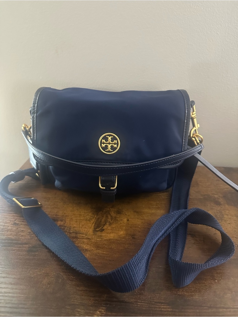 Tory Burch blue nylon and leather piper crossbody bag